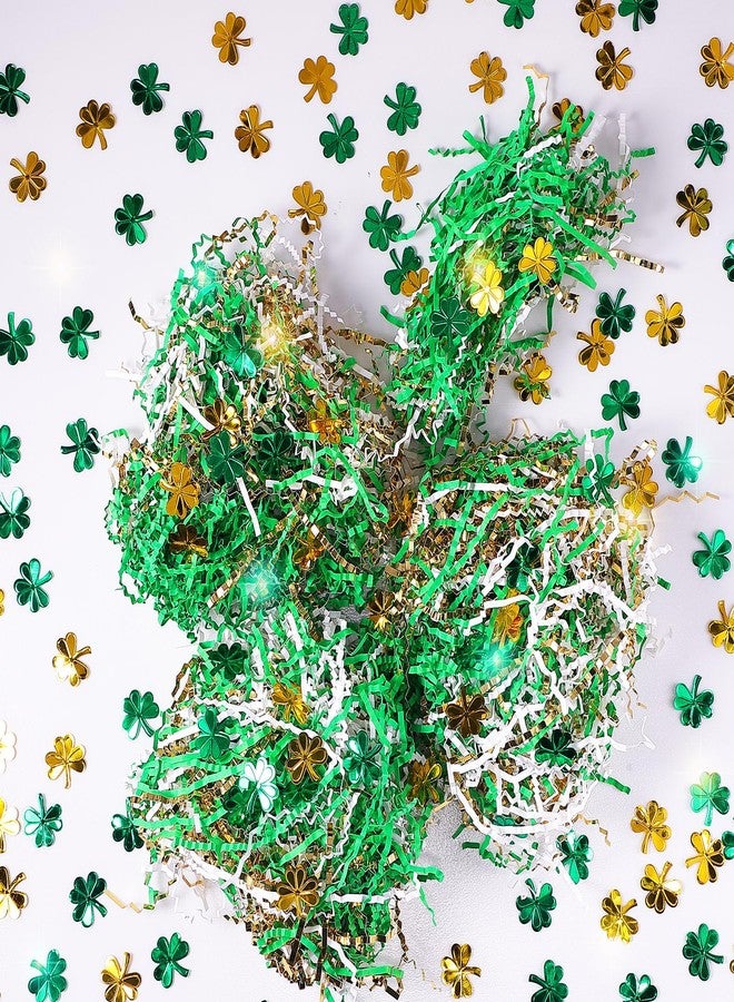 Moinchore 1 lb St Patrick's Day Crinkle Cut Paper Shred Filler with Clover Confetti Metallic White Green Gold Mix Basket Filler shredded paper for gift baskets Raffia Tissue Cushion for Box Packaging - Image 1